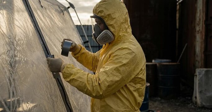 Person in protective suit examining surface outdoors