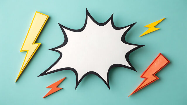 A colorful comic book style illustration of a speech bubble with lightning bolts on a blue background