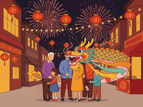 Asian family celebrating Chinese Lunar New Year on festive night street