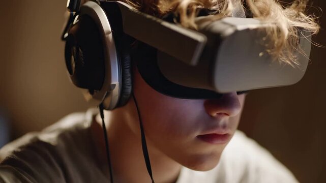 Young student using virtual reality for math exam rehearsal medium shot highlights headset details exam interface subtly out of focus in a calming virtual space.