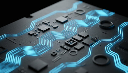 Silicon photonics microchip with glowing optical waveguides for data transmission