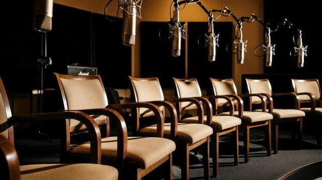Empty chairs with microphones in a recording studio, symbolizing a podcast, interview, or news panel setup