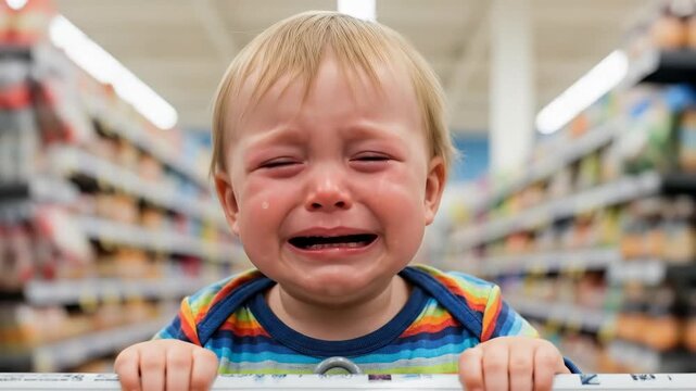 Crying toddler in shopping cart at grocery store expresses emotion and frustration
