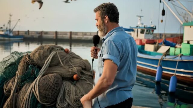 Senior caucasian man journalist reporting breaking news outdoors from a fishing port using a microphone. Documentary, news and politic concept.