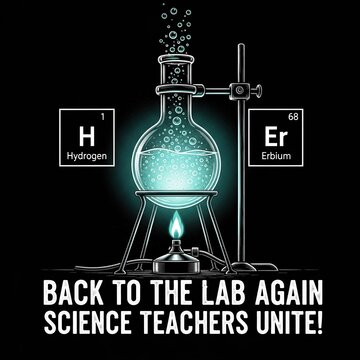 Glowing chemistry lab beaker with hydrogen and erbium elements, science teacher unite text