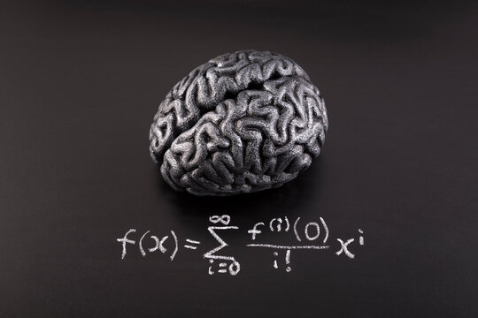 Human brain model with difficult formula math drawn with chalk on scholl blackboard. Science, education and learning concept.