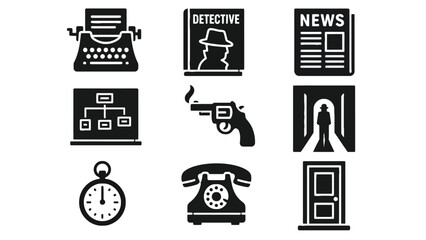 A collection of black and white detective icons on a white background