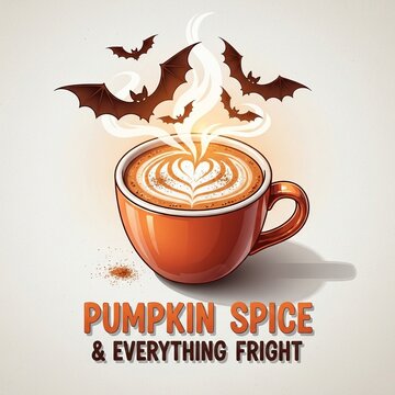 Halloween-themed pumpkin spice latte with bats and steam in a vibrant orange cup