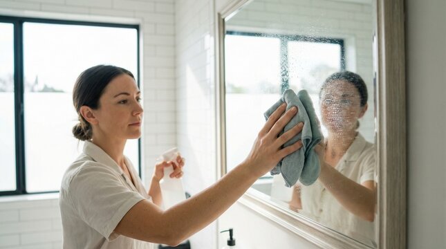 Woman cleaning mirror with cloth in modern bathroom interior  