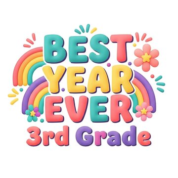 Colorful 3rd Grade Text with Rainbow and Flowers Flat Design