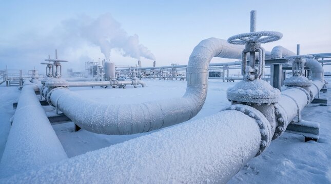 Frozen oil pipelines in industrial landscape under winter sky  