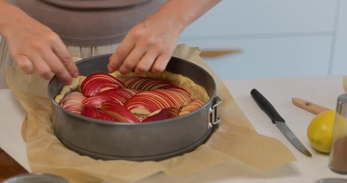 Woman arranging red apple slices for apple tart in springform pan
