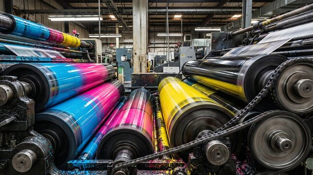 Colorful printing rollers in a modern printing press factory  