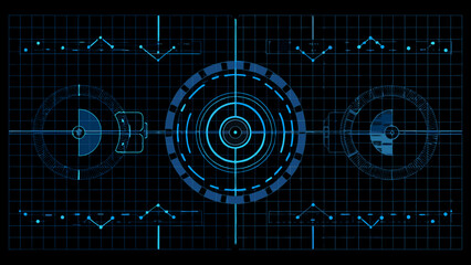 Futuristic blue radar screen with targeting reticle and circular displays