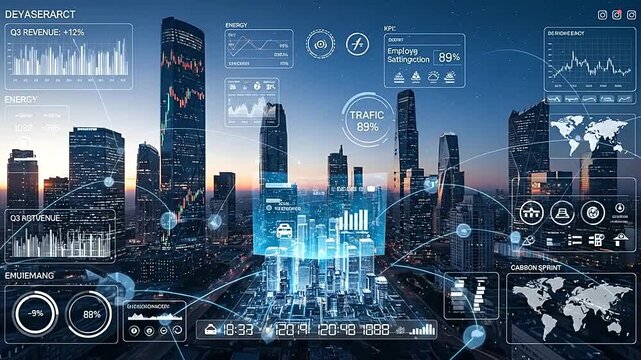 Cityscape with futuristic digital interface and data visualization at sunset.