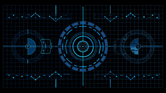Futuristic blue radar screen with targeting reticle and circular displays