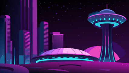 A futuristic cityscape featuring the space needle and neon lights © Unnati