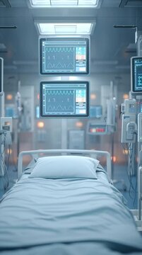Hospital intensive care icu bed patient monitoring vital signs medical devices ventilator monitors sterile clinical room calm atmosphere blue lighting