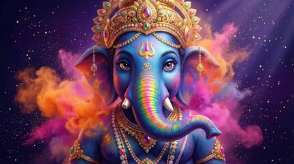 Obraz premium Colorful elephant deity with intricate crown and jewelry surrounded by vibrant smoke