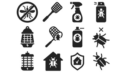 A collection of black pest control icons on a white background