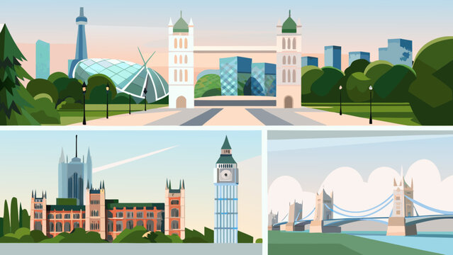 Toronto and London cityscapes illustrated in a colorful flat vector style