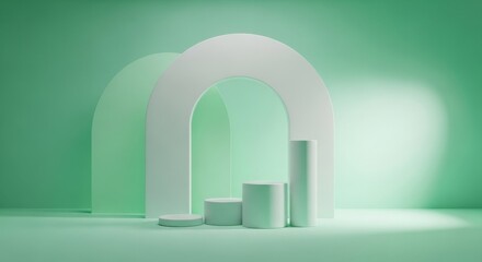 Fototapeta premium A minimalist 3d rendering of white arches and cylinders in a green room with soft lighting.