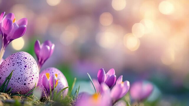 Easter eggs and purple crocuses against a soft bokeh background. Festive banner with copy space.