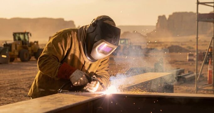 Welder working on metal construction outdoors under warm sunlight