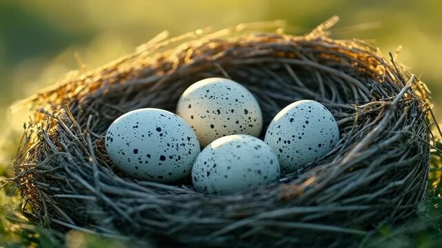 Eggs In nest On Grass In Sunny Orchard . Easter banner. Copy space for text