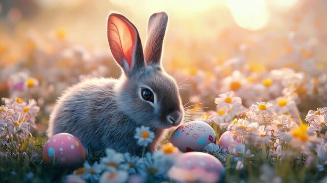 Playful cartoon Easter bunny on lush green grass with vibrant eggs, celebrating a sunny holiday&mdash;ideal for Easter cards, banners, and digital illustrations with ample copy space