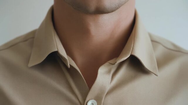 Close-up of man wearing beige collared shirt, neck and chin visible, against plain background, suitable for advertising or editorial use