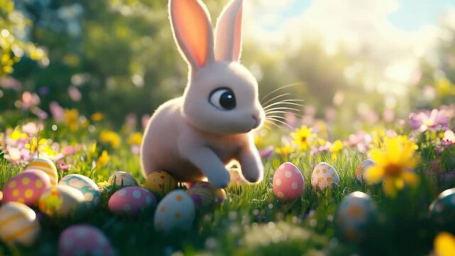 Playful cartoon Easter bunny on lush green grass with vibrant eggs, celebrating a sunny holiday&mdash;ideal for Easter cards, banners, and digital illustrations with ample copy space
