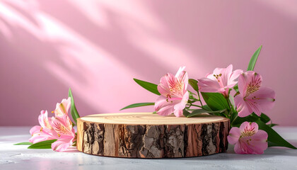 Floral Elegance: A wooden platform is elegantly adorned with a selection of delicate flowers, creating a scene of refined charm and natural grace.