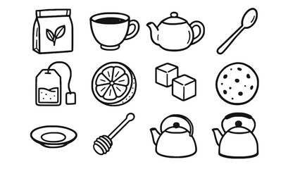 A collection of tea and coffee icons with sweet treats