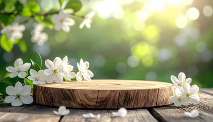 Fototapeta premium Wooden Stage with Blossoms: A rustic wooden stage rests serenely amidst delicate white blossoms, bathed in the soft glow of natural light, evoking a sense of tranquility.