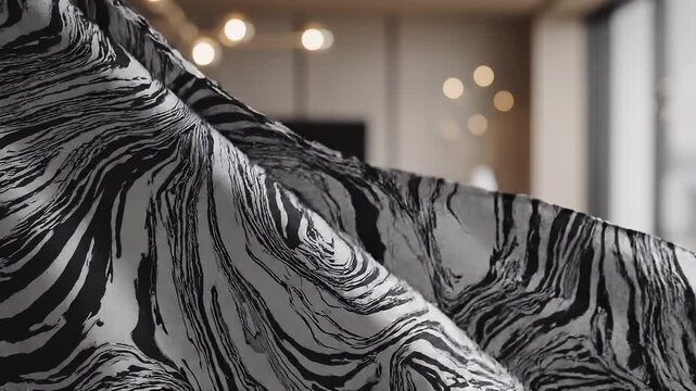 Close-up of zebra-print fabric on a table in a modern room with blurred background lights