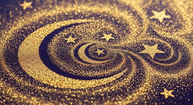 Illustration of crescent moon and star symbols formed by sparkling golden glitter dust on surface.