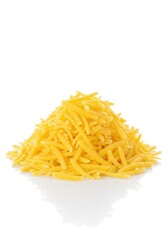 Fototapeta premium A fluffy mountain of vibrant yellow shredded cheese, ready for culinary use, dramatically isolated on a clean, bright white background, topping, dairy, flavor
