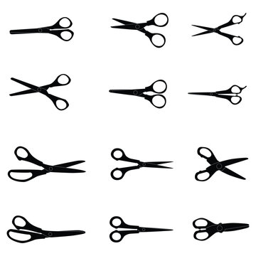 Assortment of black scissor silhouettes for craft barber sewing office Various open closed designs Cutting tools