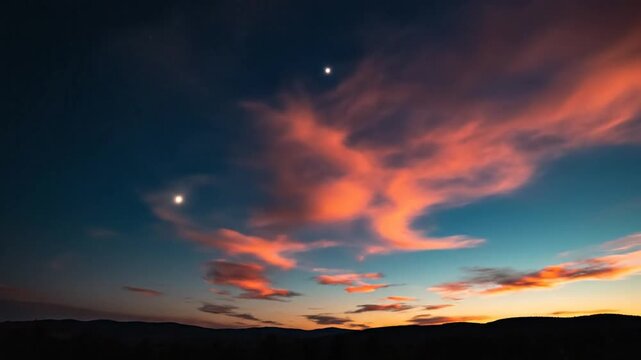 Celestial Dance: Two bright planets align in a vibrant sunset sky, cinematic slow motion.