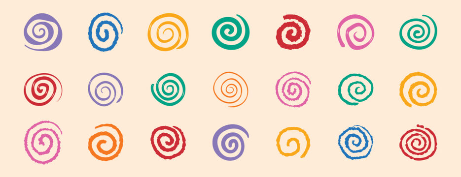 colorful spirals hand drawn swirl circle doodle hand drawn set. funny cute rainbow spirals.