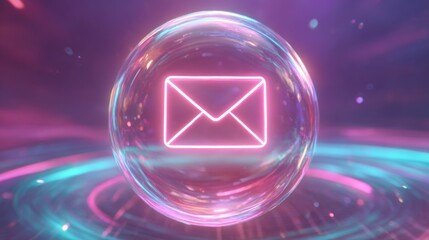 Fototapeta premium Colorful digital bubble with a glowing envelope symbol representing communication in a futuristic setting
