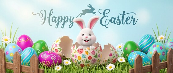 Fototapeta premium A cheerful white Easter bunny emerges from a colorful egg surrounded by vibrant decorations and a wooden fence on a sunny day with a blue sky