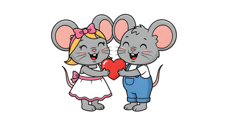 Cute cartoon mouse couple holding a red heart together. Happy male and female mice characters in love. Valentine's Day illustration