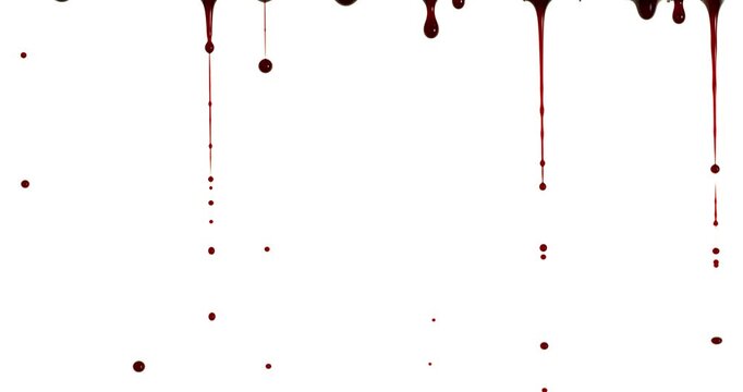 Slow Motion Shot of Red Blood Dripping and Flowing in Thin Streams on a Clean White Background. High Speed Liquid Detail for Medical, Horror or Dramatic Visual Concepts.