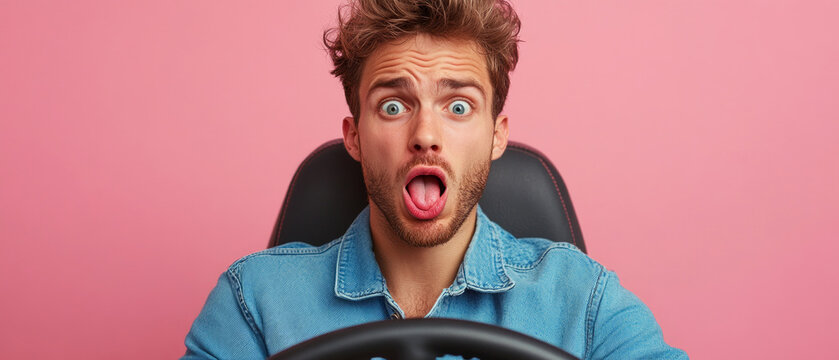 The surprised driver with his comically open mouth in a pink setting creates a humorous effect, appropriate as a background for memes or entertaining articles.