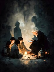 Obraz premium Winter Hearth: Stories and Firelight - Dong Family Heritage Gathering Around Fire