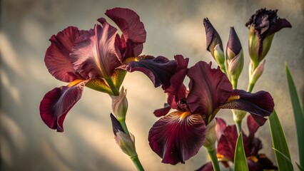 Close-up of deep burgundy iris flowers. Elegant floral composition with rich textures and dramatic shadows. Ideal for fine art, botanical themes.
