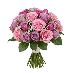 Fototapeta premium Romantic elegant bouquet of pink and purple roses expressing gentle love and celebration, perfect for weddings, anniversaries, and special occasions, isolated on white or transparent background. PNG. 