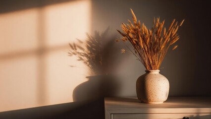Fototapeta premium A speckled ceramic vase with dried grasses on a wooden table, lit by warm sunlight and casting a soft shadow on the wall. Concept Speckled ceramic vase, Dried grasses, Warm sunlight
